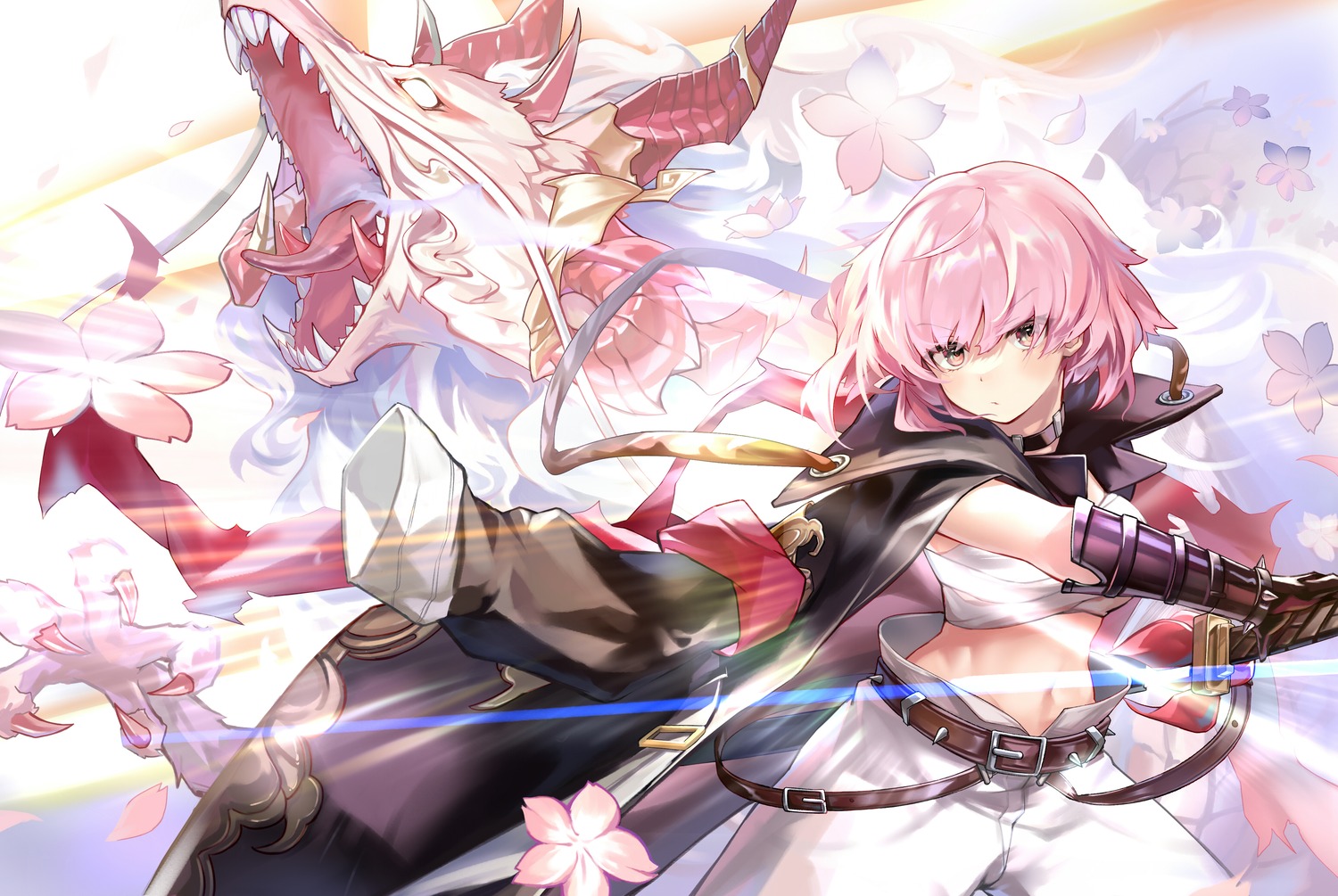 alchemy_stars, armor, hiiro_(alchemy_stars), japanese_clothes, monster, sarashi, shionji_ax, sword