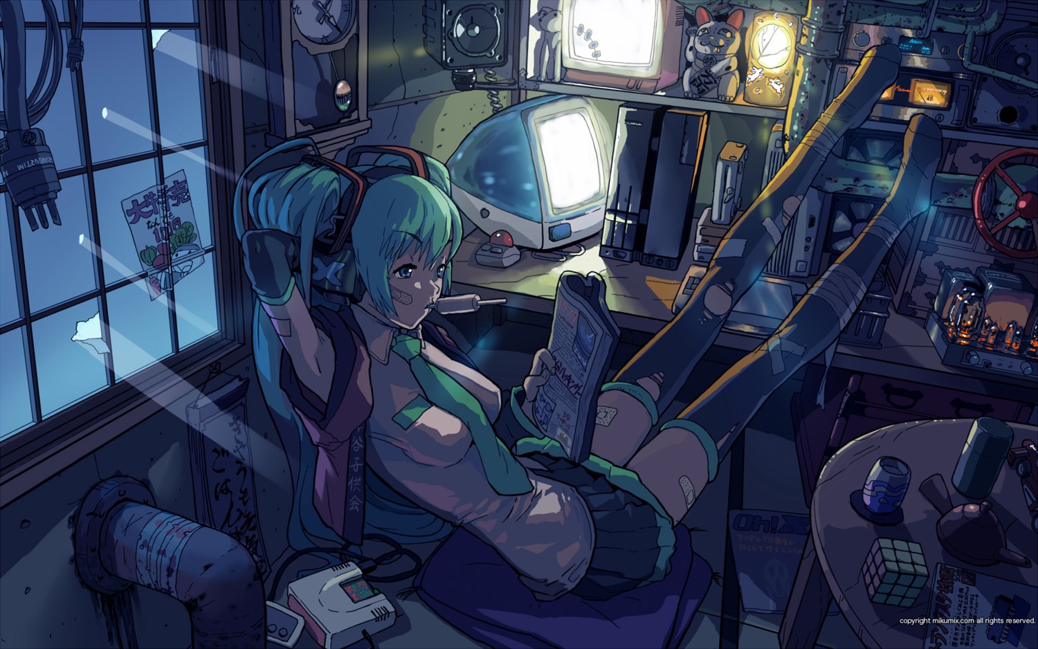hatsune_miku, headphones, landscape, thighhighs, torn_clothes, vocaloid, wallpaper, yasumori_zen