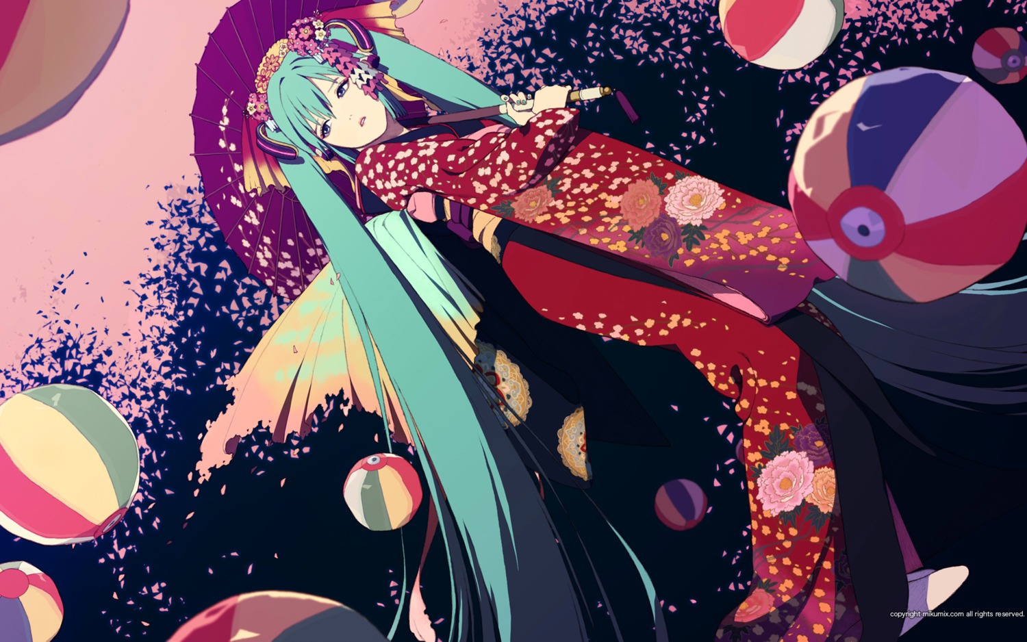 hatsune_miku, honya_lala, kimono, vocaloid, wallpaper