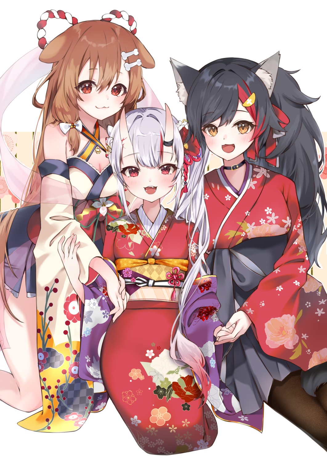animal_ears, cleavage, hololive, hololive_gamers, horns, inugami_korone, inumimi, kimono