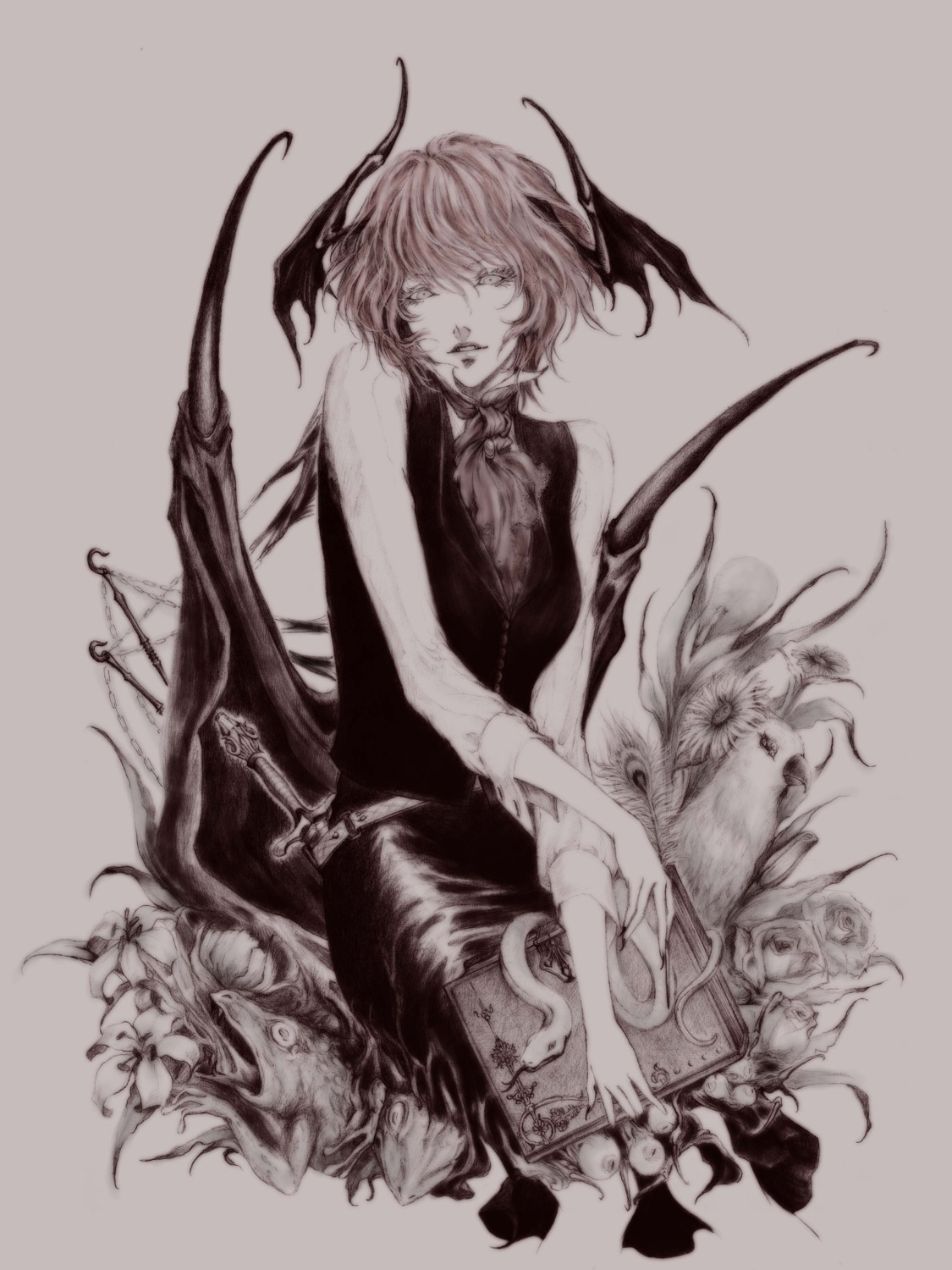 daburoku, koakuma, monochrome, touhou