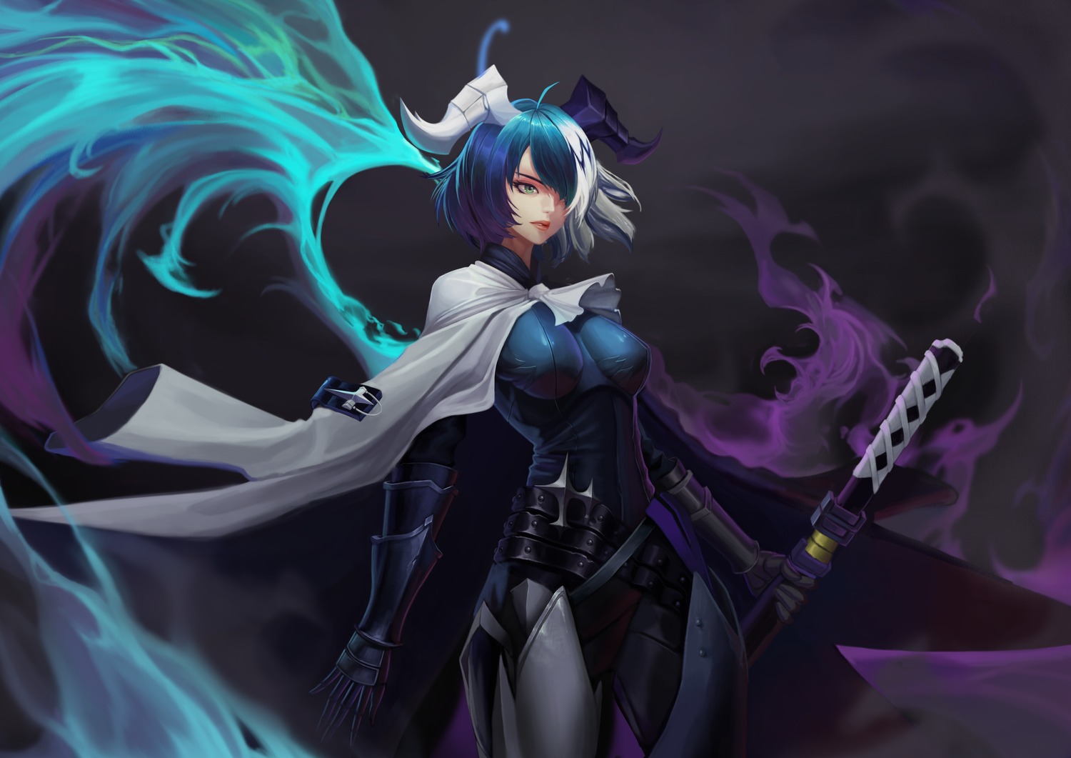 alchemy_stars, armor, horns, noi_(pixiv_10142660), sharona_(alchemy_stars), sword, wings