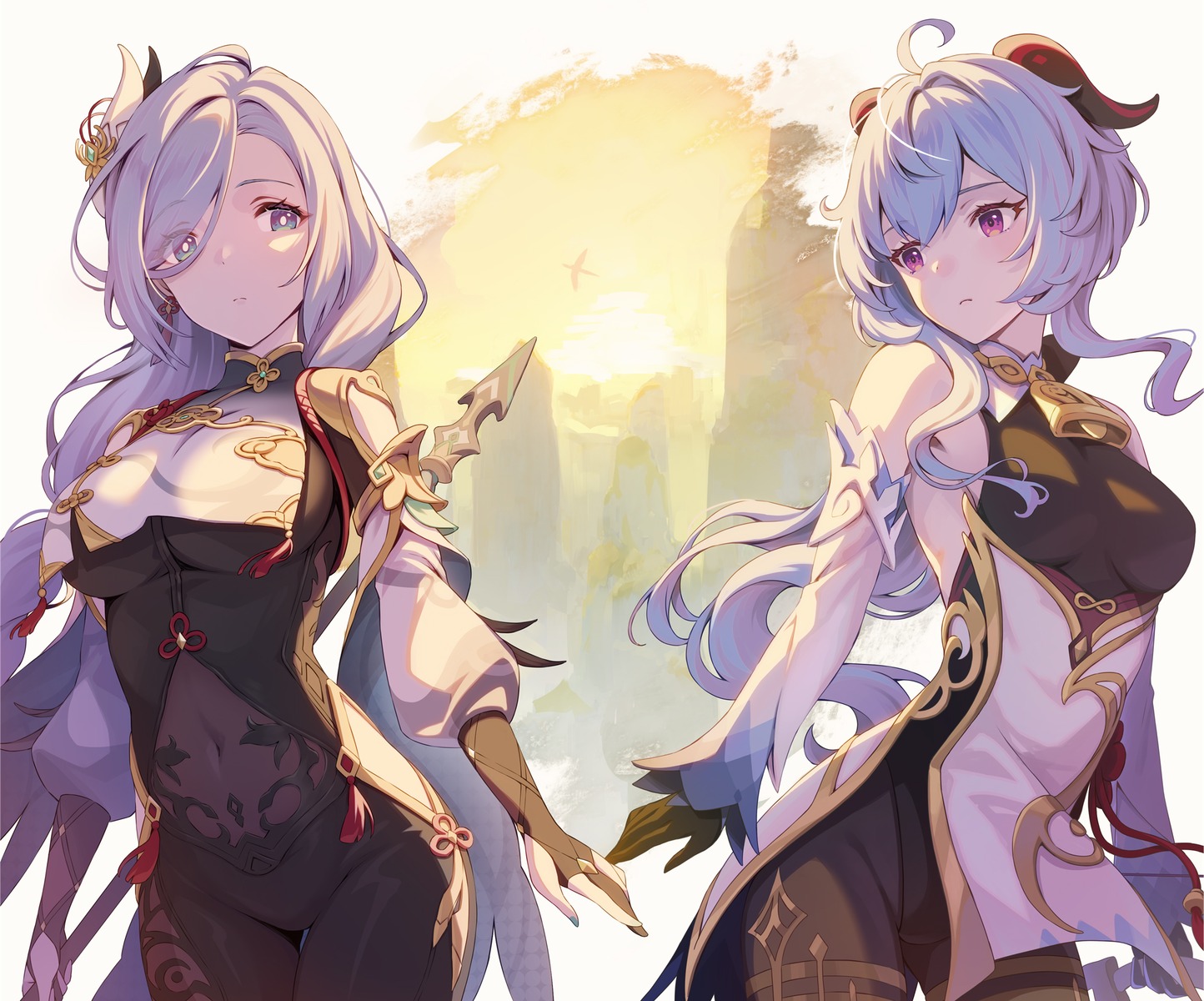 asian_clothes, bodysuit, ganyu, genshin_impact, leotard, pantyhose, ponchan_ponc, shenhe, weapon