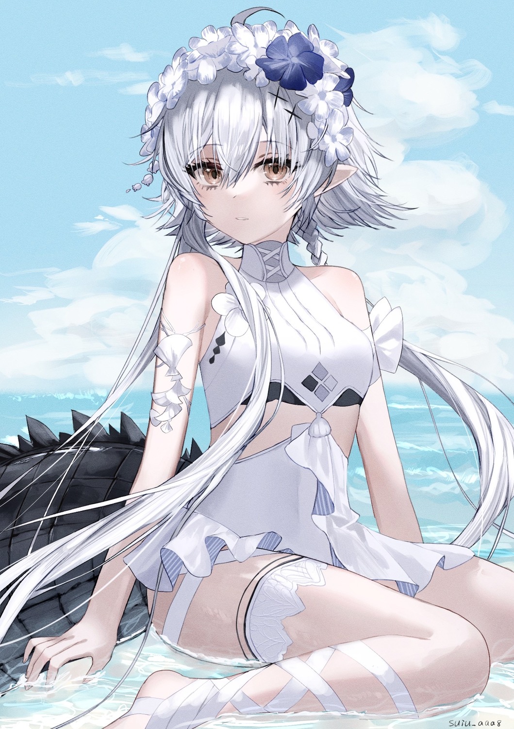 arknights, garter, pointy_ears, suiu_aaa8, tail, tomimi_(arknights), wet