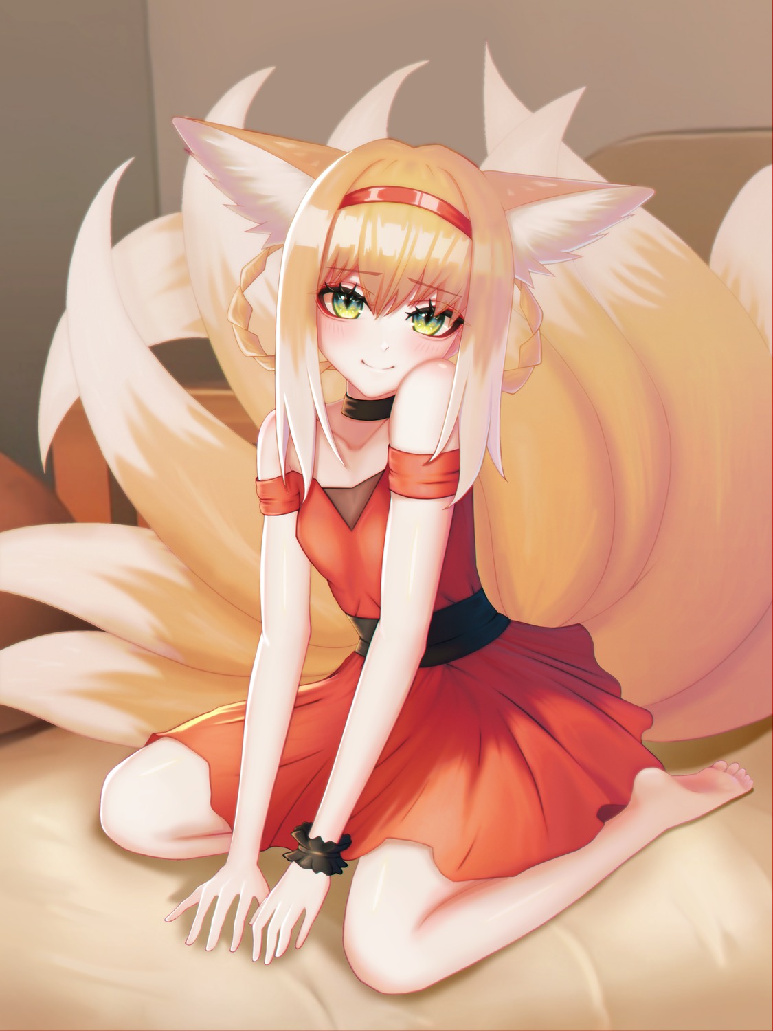 absurd_fox, animal_ears, arknights, dress, kitsune, suzuran_(arknights), tail