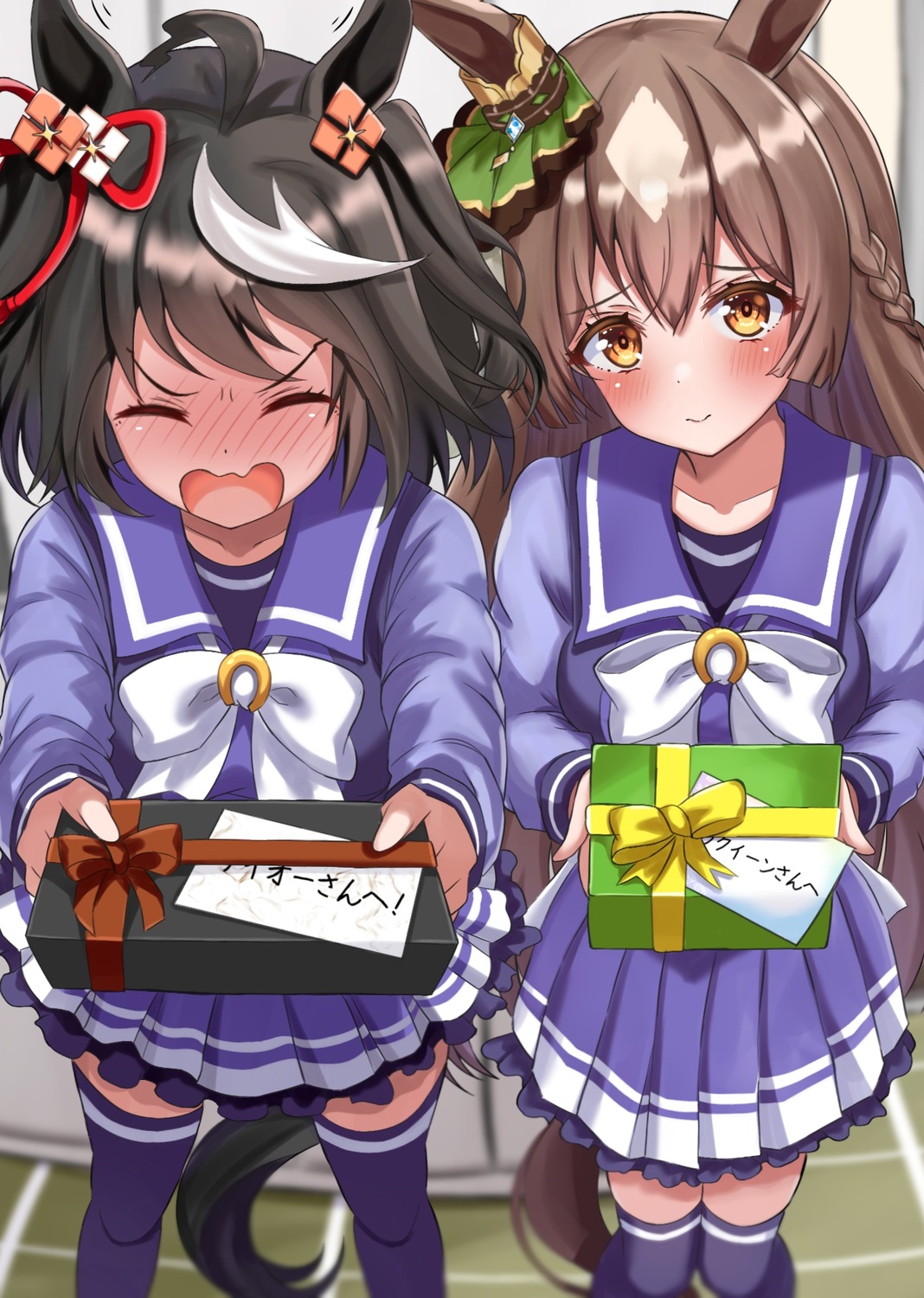 animal_ears, crouching_start, kitasan_black_(umamusume), satono_diamond_(umamusume), seifuku, tail, thighhighs, uma_musume_pretty_derby, valentine