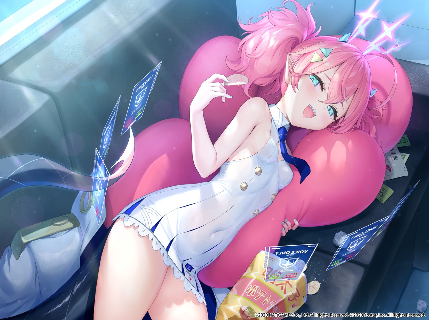 blue_archive, erect_nipples, horns, matanonki, no_bra, pointy_ears, tail, uniform, yuragi_momoka