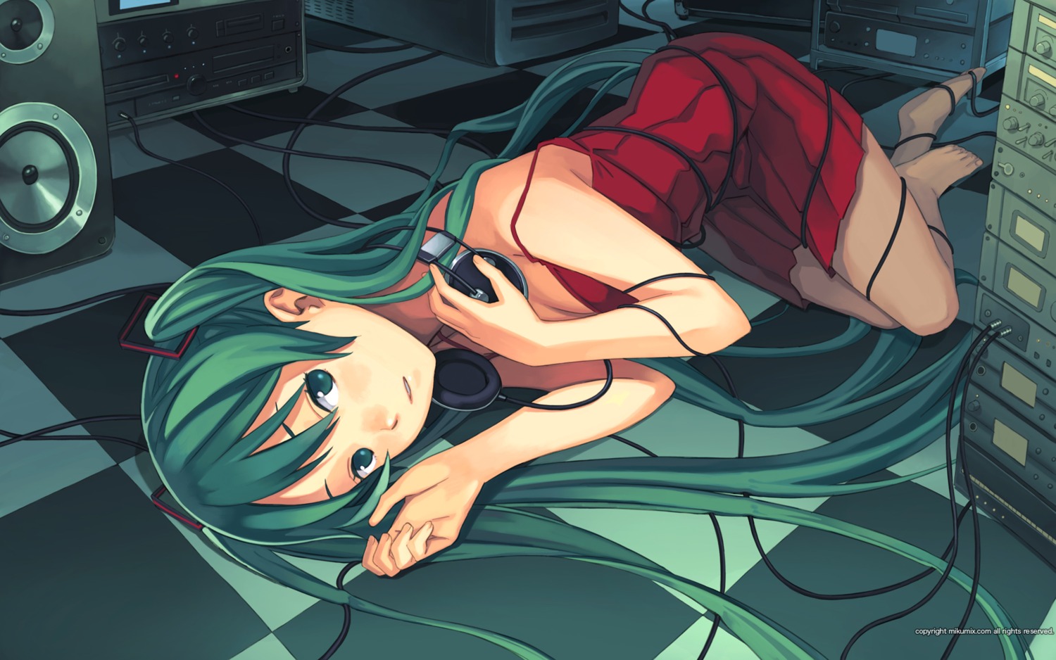 dress, hatsune_miku, headphones, katou_akatsuki, vocaloid, wallpaper