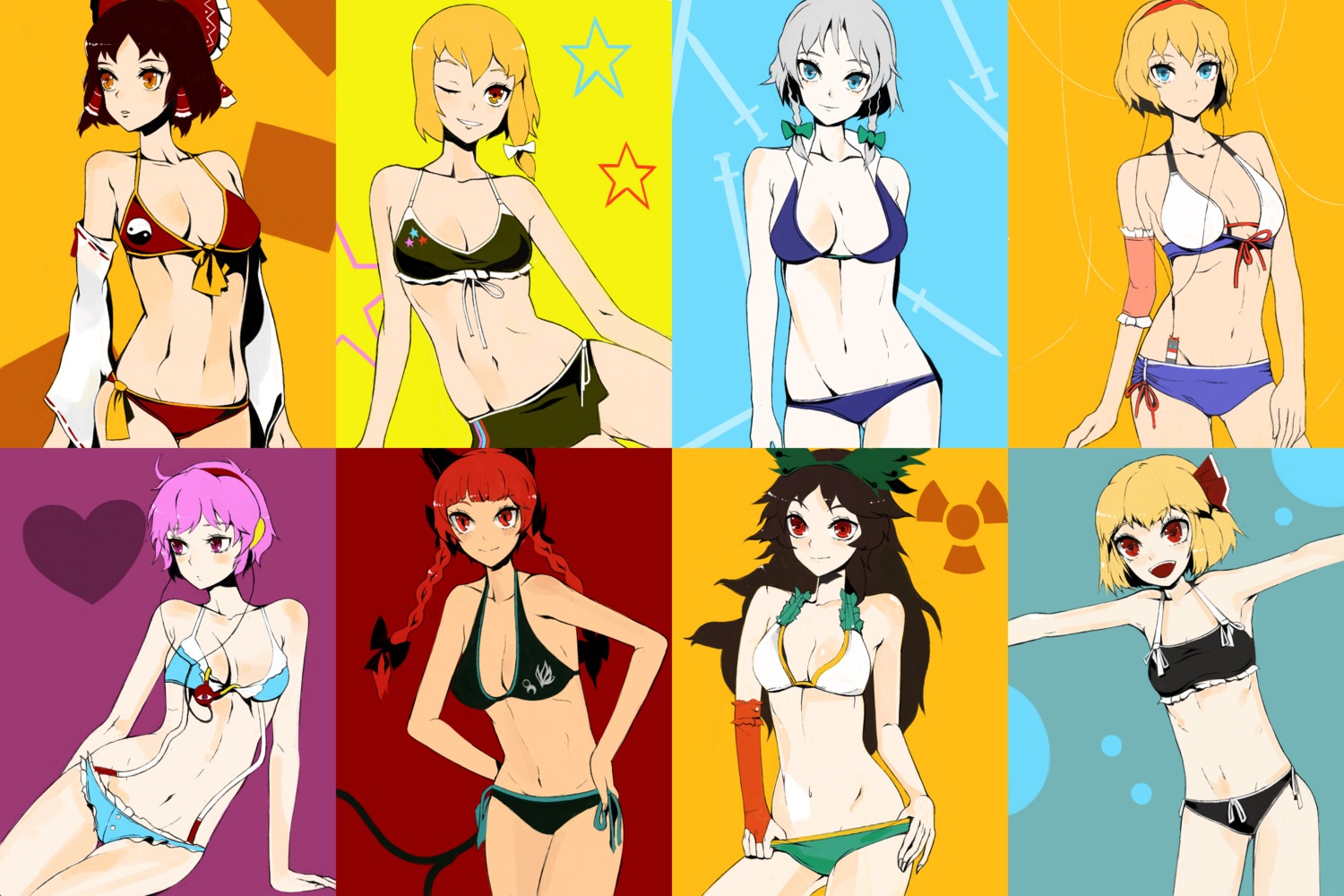 alice_margatroid, bikini, cleavage, hakurei_reimu, izayoi_sakuya, kakaaru, kirisame_marisa, komeiji_satori, reiuji_utsuho, rumia, swimsuits, touhou