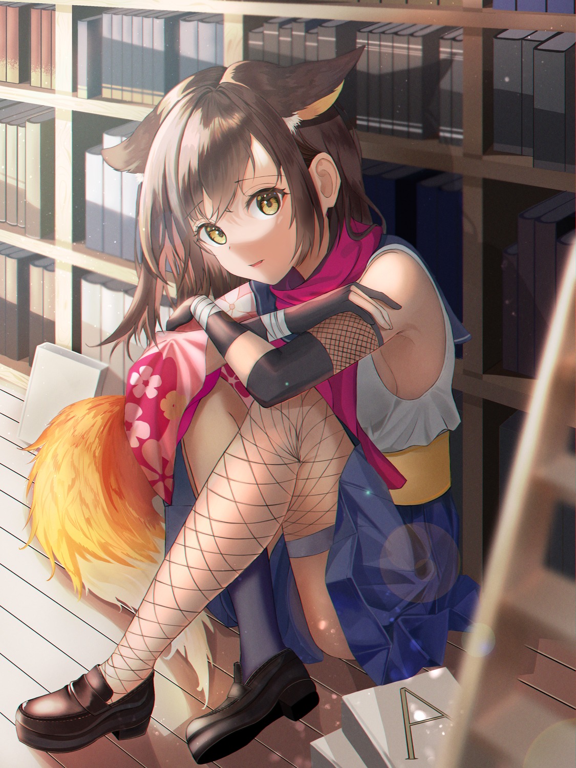 animal_ears, blue_archive, dubeaduver, fishnets, kitsune, kuda_izuna, seifuku, tail