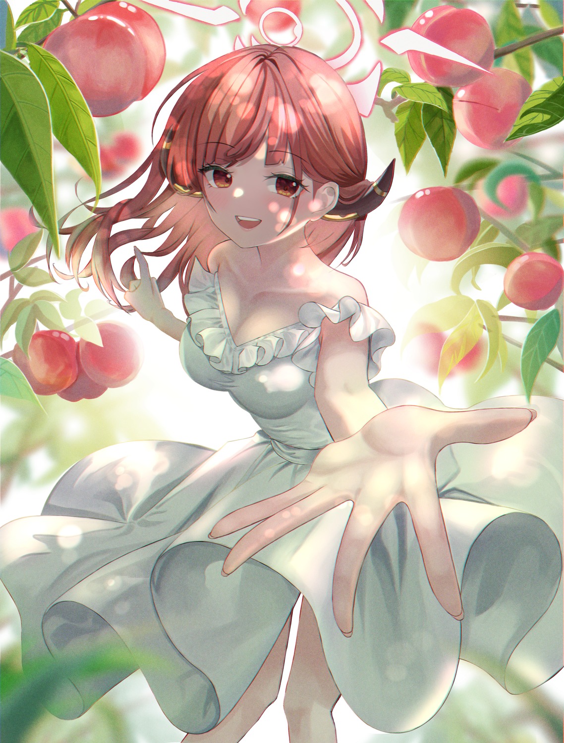 blue_archive, dress, dubeaduver, halo, horns, rikuhachima_aru, skirt_lift, summer_dress