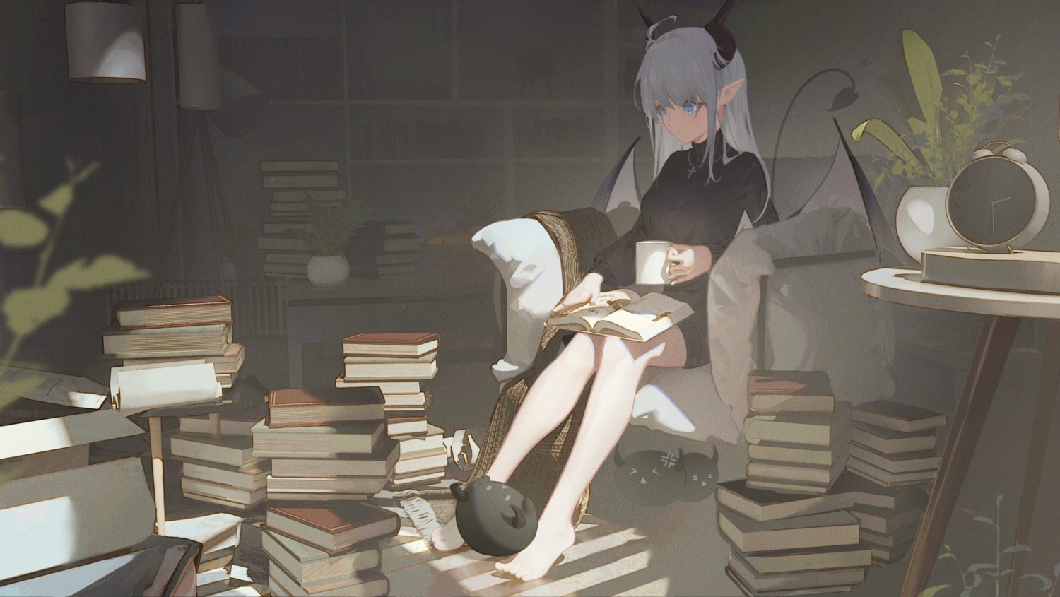 dress, horns, lanchuan, pointy_ears, sweater, tail, wings