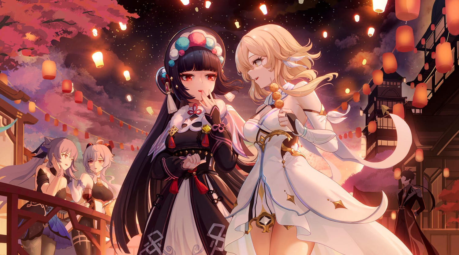 asian_clothes, dress, ganyu, genshin_impact, horns, keqing, lumine, pantyhose