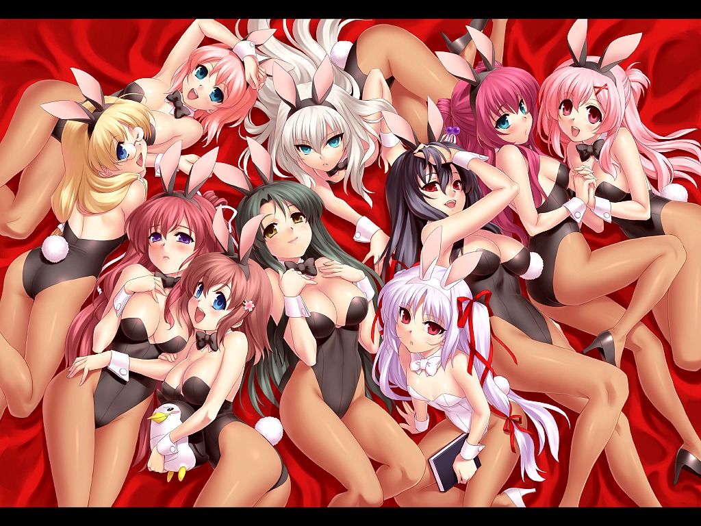 11eyes, animal_ears, azuma_shione, bunny_ears, bunny_girl, cleavage, hirohara_yukiko, kouno_mio, kuroshiba_kanae, kusakabe_misuzu, lisette_vertorre, megane, minase_yuka, momono_shiori, natsuki_kaori, pantyhose, tajima_takahisa, wallpaper, zen