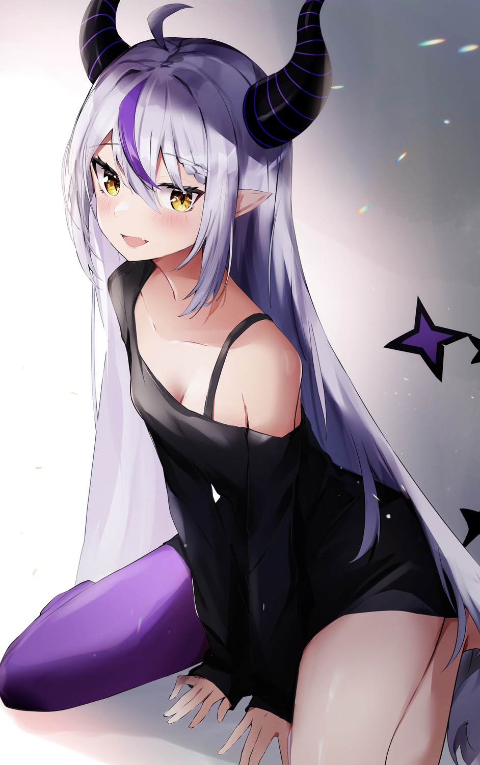 bra, dress, hololive, horns, la+_darknesss, nanashinayuzu_mochi, open_shirt, pointy_ears, tail, thighhighs