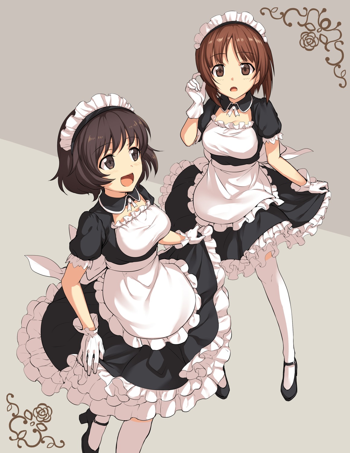 akiyama_yukari, girls_und_panzer, heels, icomochi, maid, nishizumi_miho, skirt_lift, thighhighs