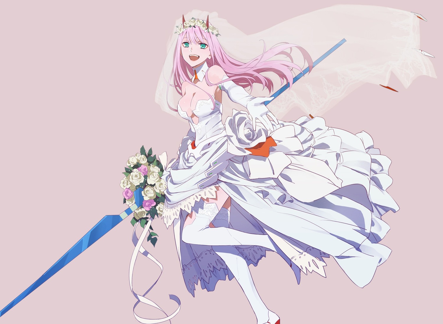 darling_in_the_franxx, dress, horns, nishigori_atsushi, no_bra, thighhighs, weapon, wedding_dress