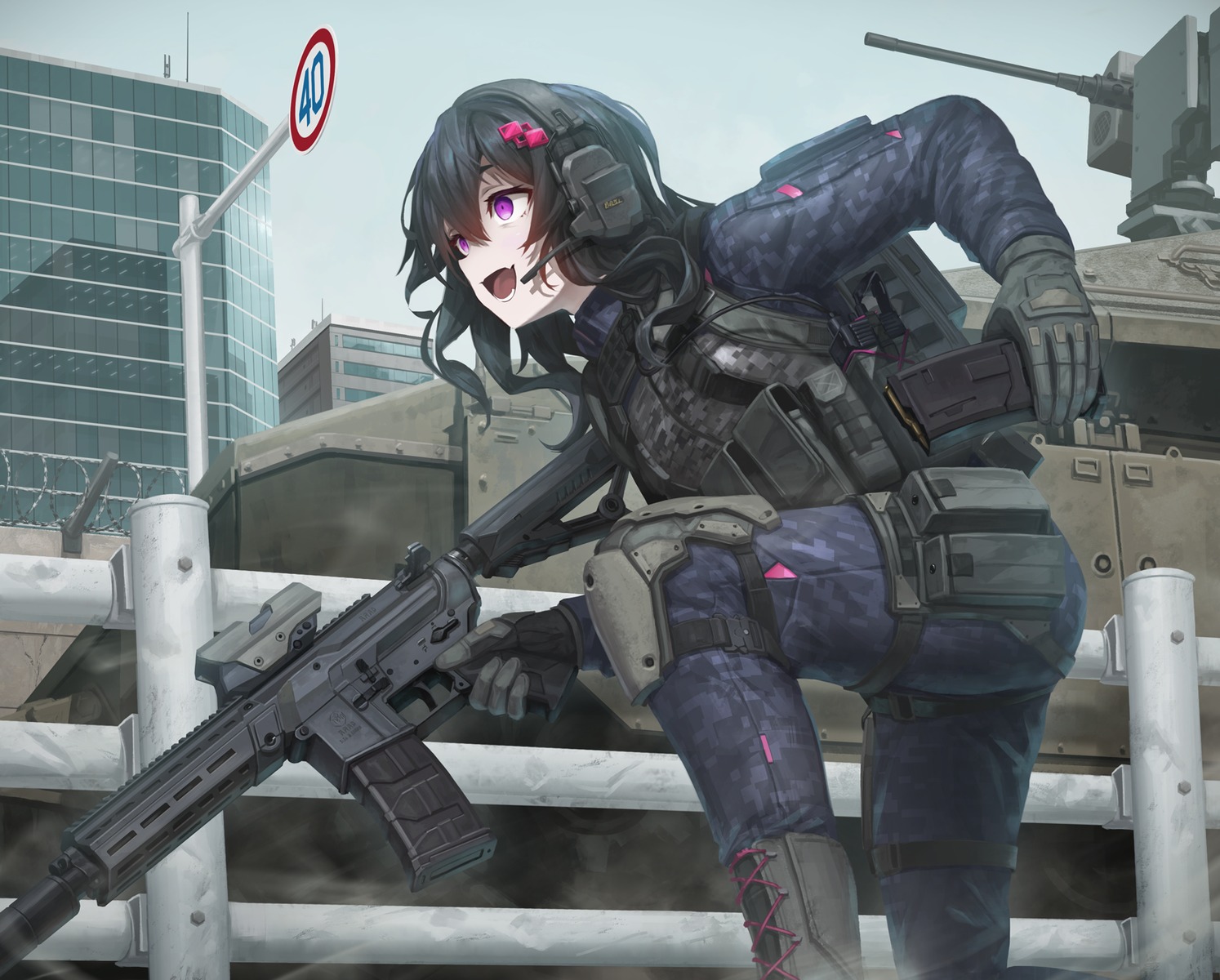 armor, garter, gun, headphones, tom-neko_(zamudo_akiyuki), uniform