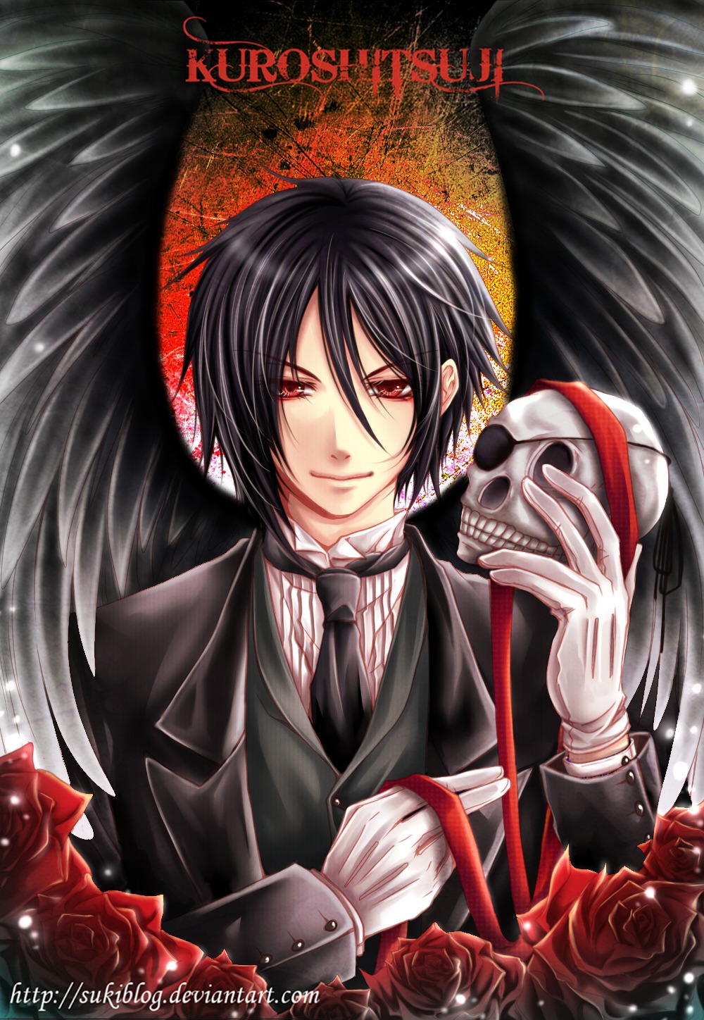 kuroshitsuji, male, sebastian_michaelis, sukiblog, watermark, wings