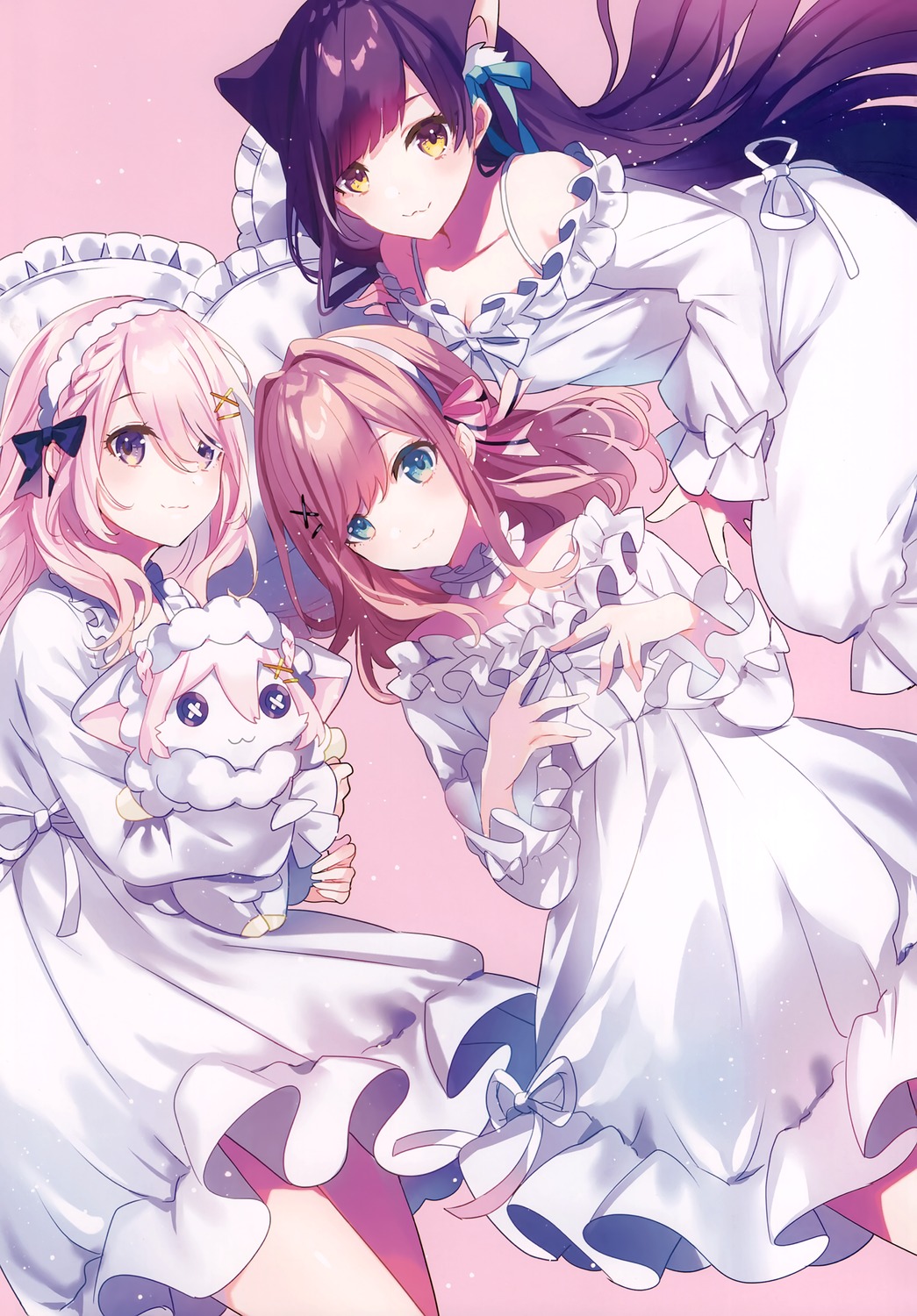 animal_ears, chroma_(saine), crossover, fensi, indie_virtual_youtuber, kamishiro_kurea, nekomimi, nijisanji, no_bra, pajama, saine, sephira_su, suzuhara_ruru