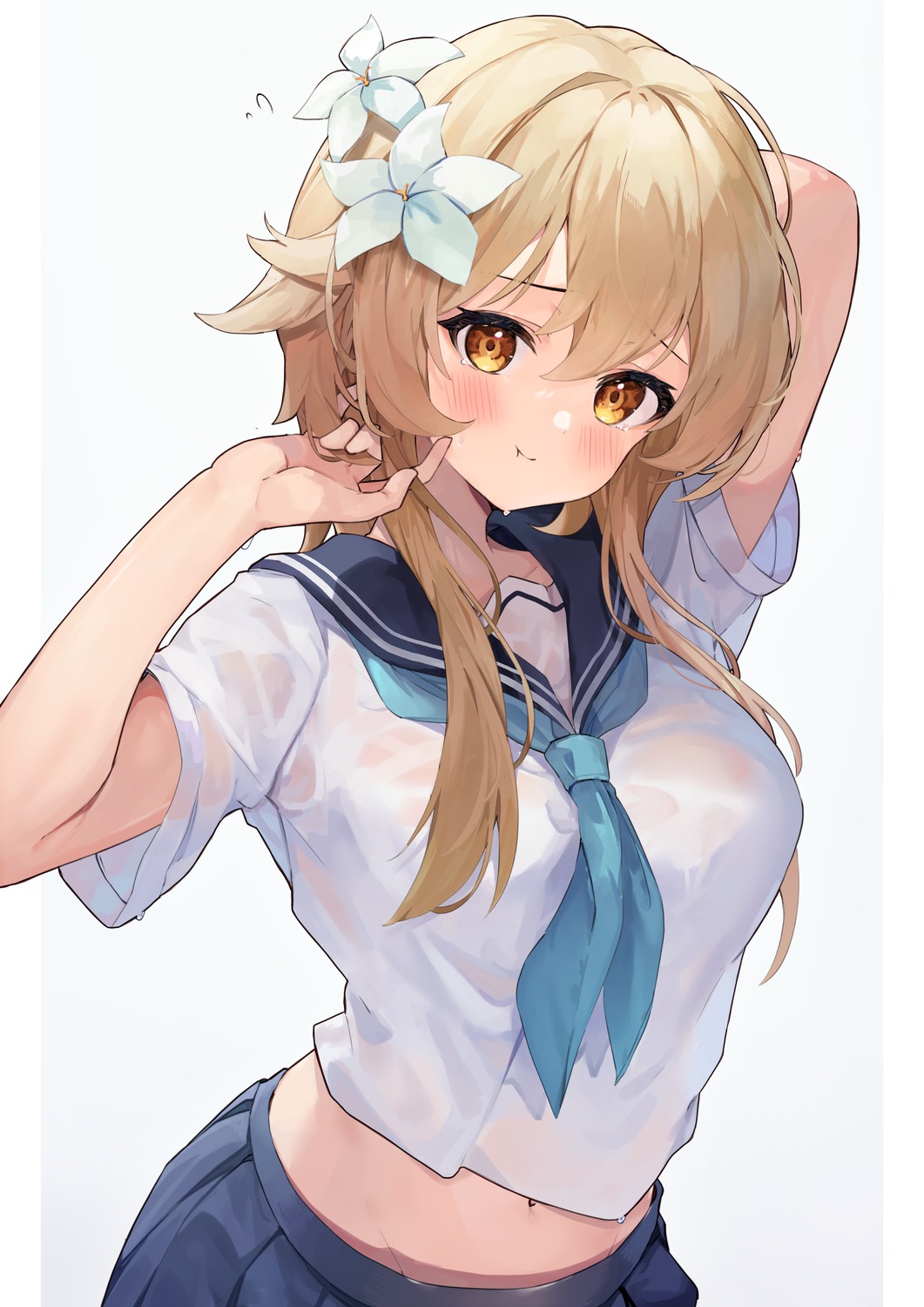 genshin_impact, kuroshiro_kanae, lumine, see_through, seifuku