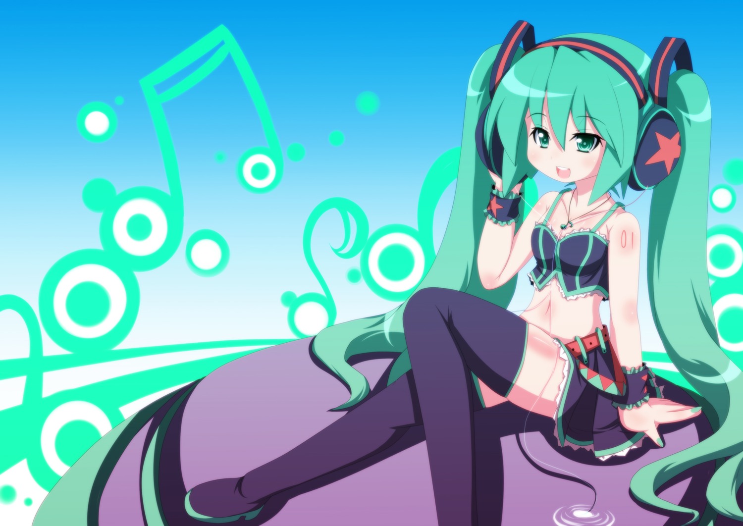hatsune_miku, headphones, kakeru, thighhighs, vocaloid