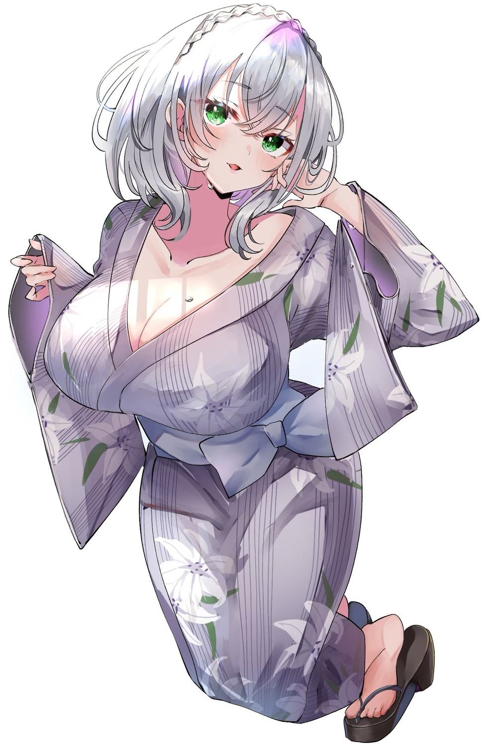 cleavage, hololive, nagae_yua, no_bra, open_shirt, shirogane_noel, yukata