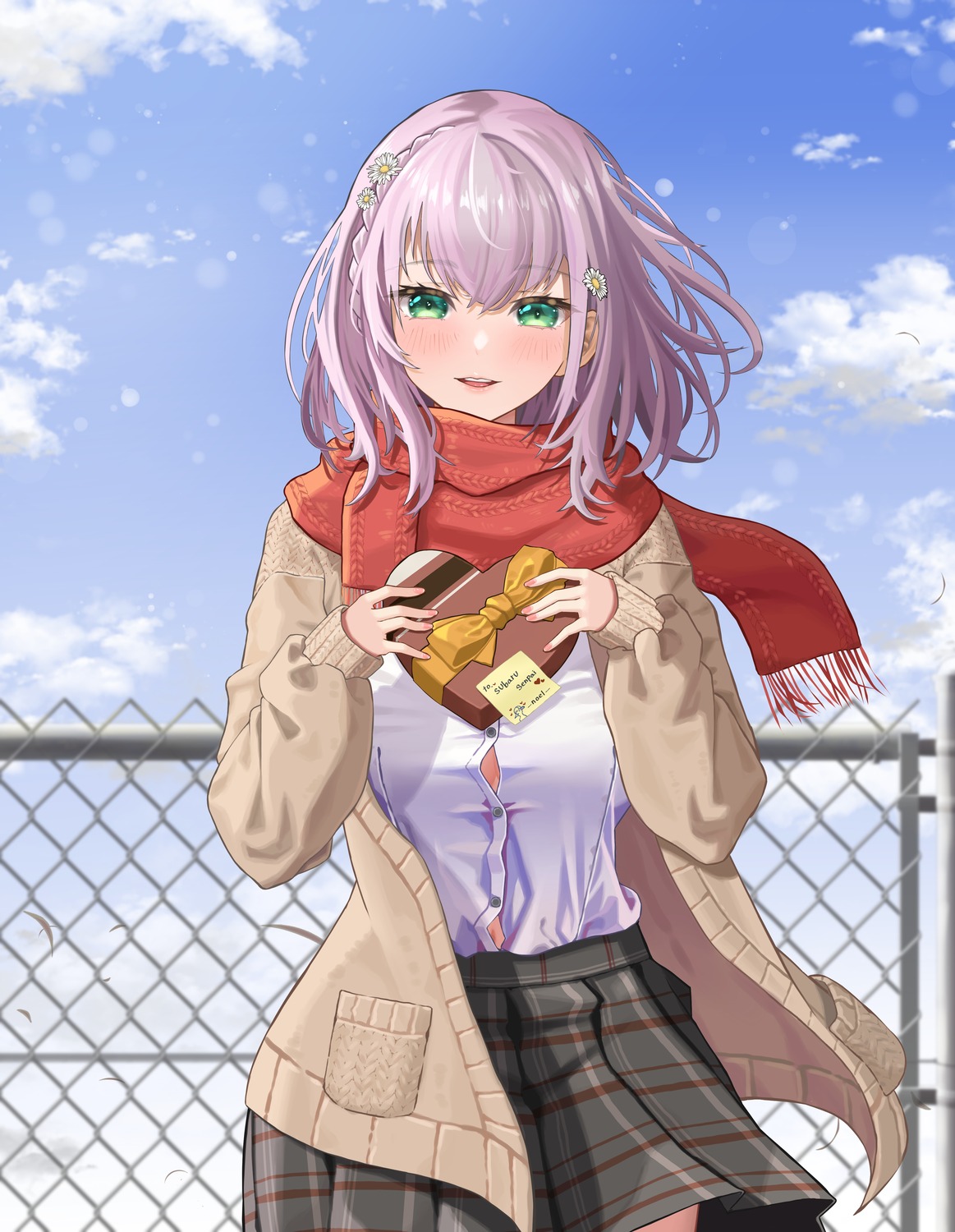 bangom_r, hololive, no_bra, open_shirt, seifuku, shirogane_noel, sweater, valentine