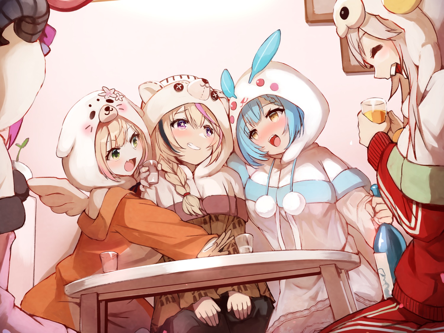 dress, gym_uniform, hololive, mano_aloe, momosuzu_nene, omaru_polka, sake, shishiro_botan