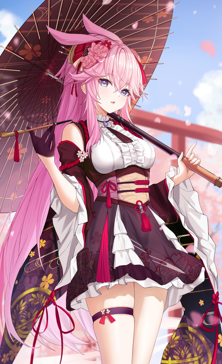 animal_ears, benghuai_xueyuan, bunny_ears, garter, honkai_impact, japanese_clothes, taw_(993004677), umbrella