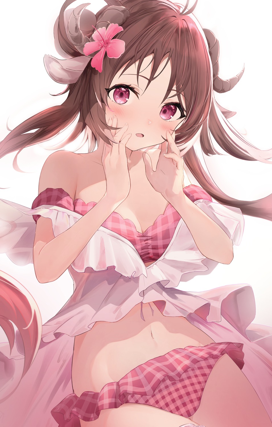 animal_ears, arknights, bikini, cleavage, eyjafjalla_(arknights), horns, nokke_o, open_shirt