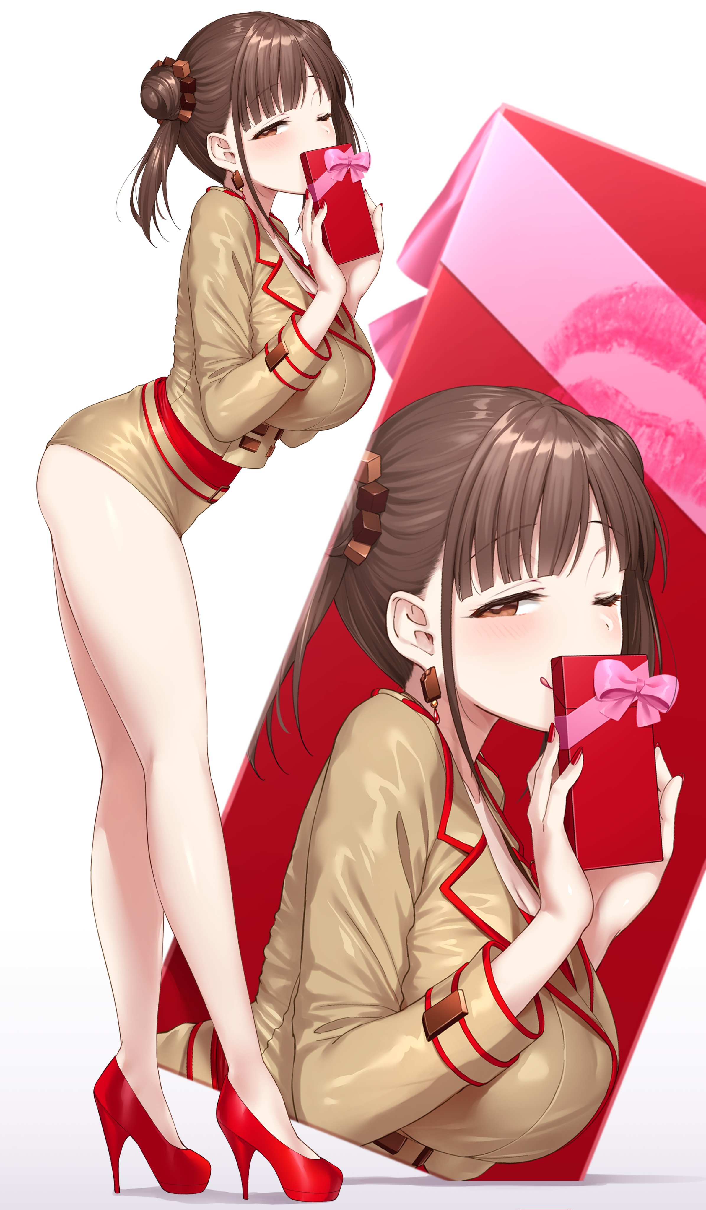 cleavage, heels, satou_kuuki, sonoda_chiyoko, the_idolm@ster, the_idolm@ster_shiny_colors, uniform