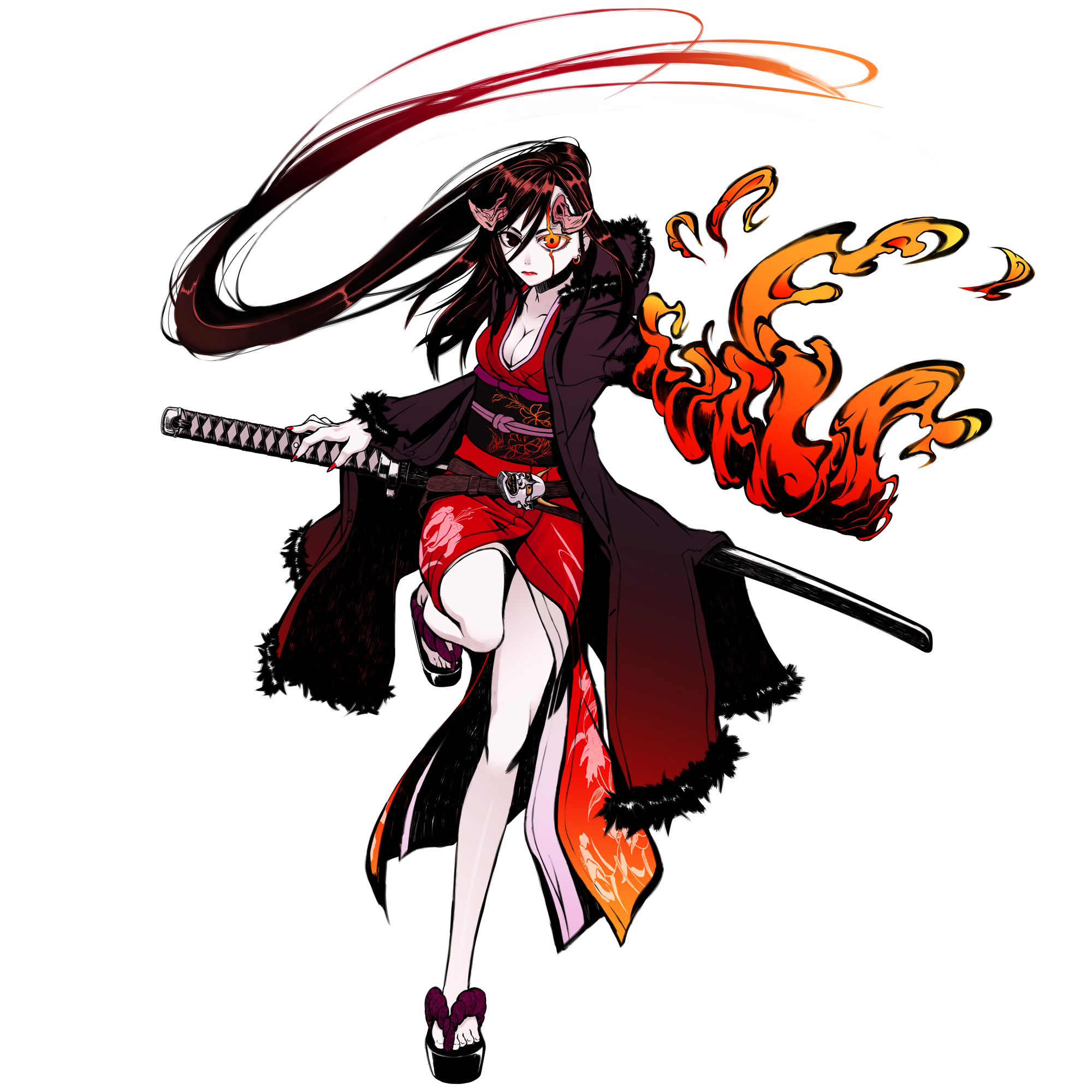 cleavage, hamada_youho, kimono, sword