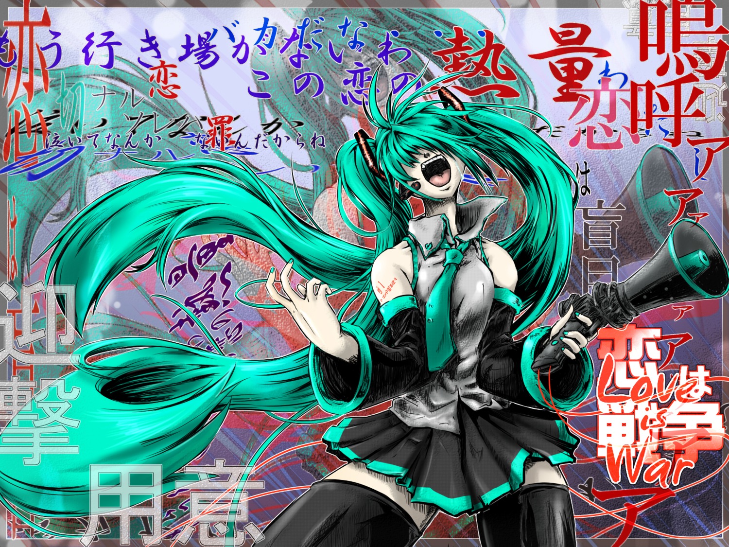 hatsune_miku, koi_wa_sensou_(vocaloid), ledjoker07, thighhighs, vocaloid, wallpaper