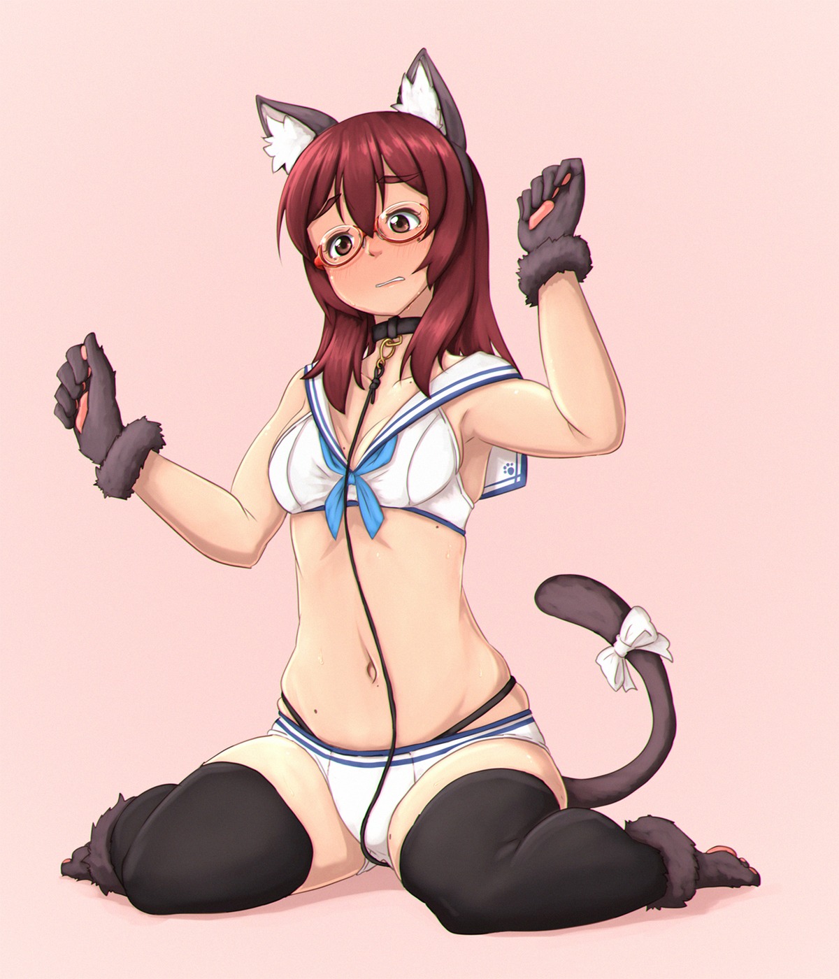 animal_ears, bikini, kama_iruka, megane, nekomimi, swimsuits, tail, thighhighs