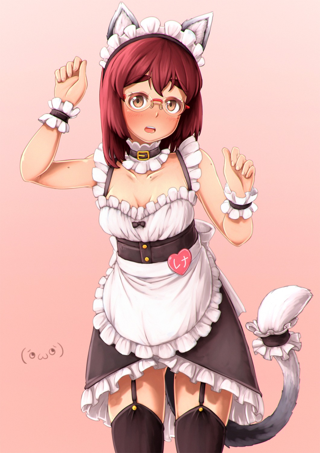 animal_ears, kama_iruka, maid, megane, nekomimi, stockings, tail, thighhighs