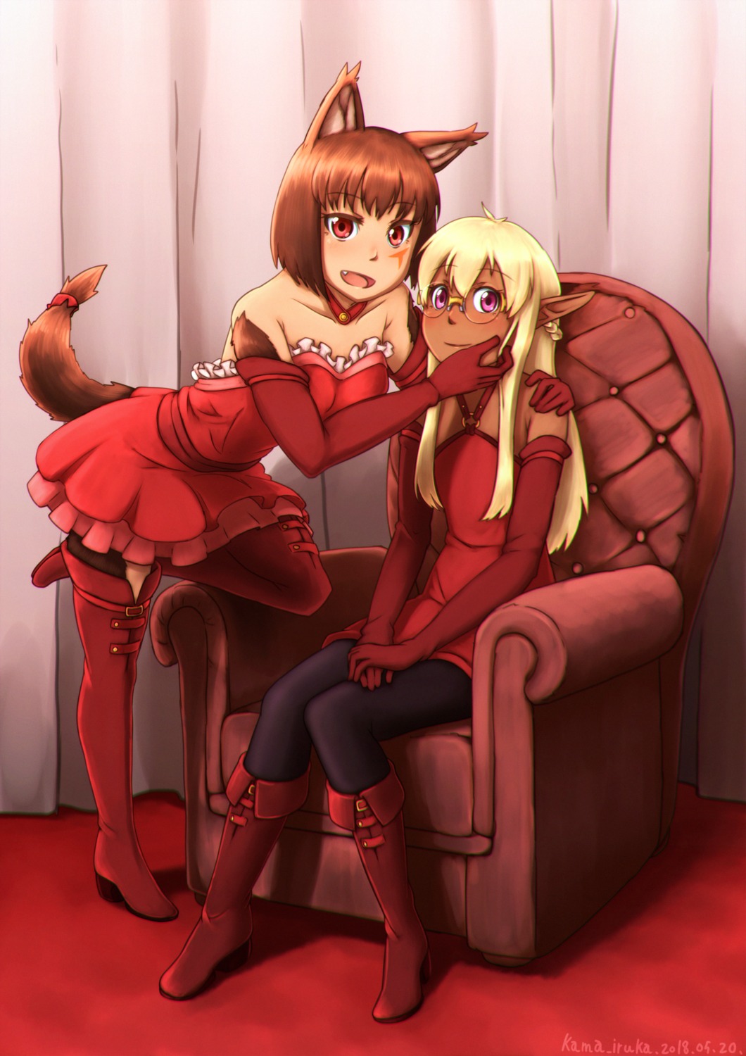 animal_ears, dress, elf, heels, kama_iruka, megane, monster_girl, pantyhose