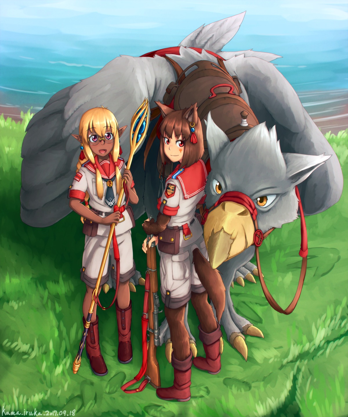 animal_ears, elf, gun, kama_iruka, megane, monster, monster_girl, pointy_ears