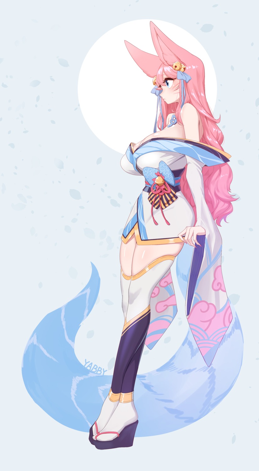 ahri, animal_ears, japanese_clothes, kitsune, league_of_legends, no_bra, open_shirt, tail, thighhighs, yabby