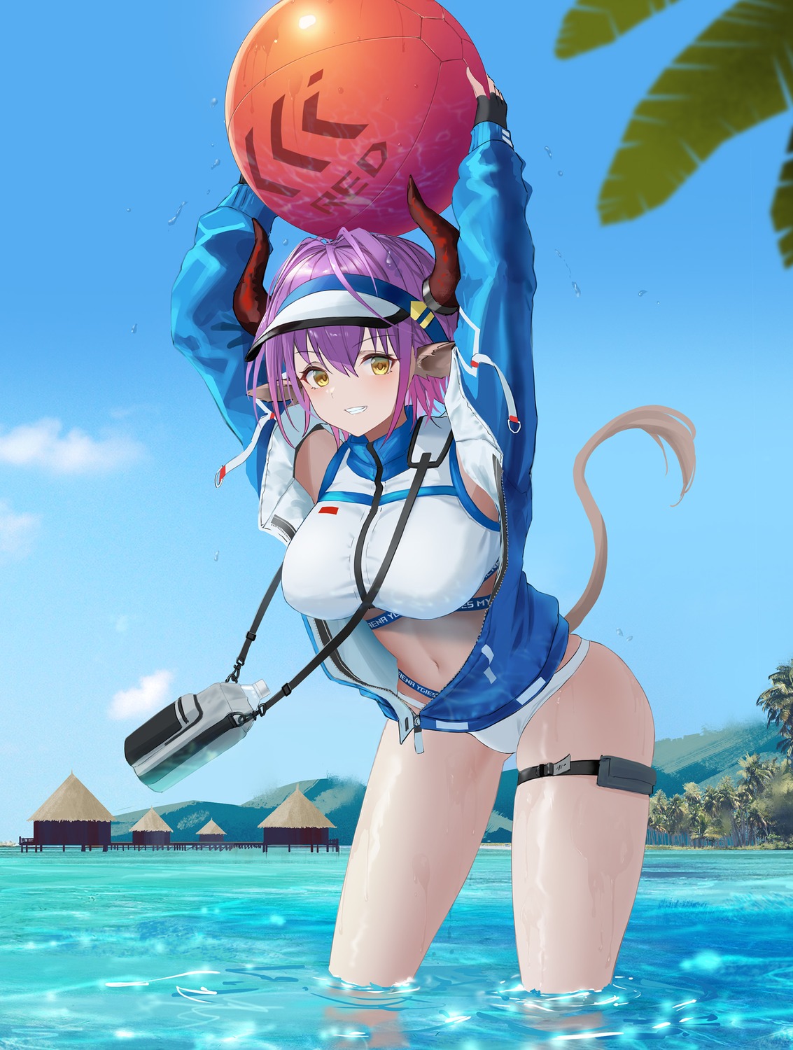 animal_ears, arknights, bikini, garter, horns, sideroca_(arknights), sthk, swimsuits, tail, wet