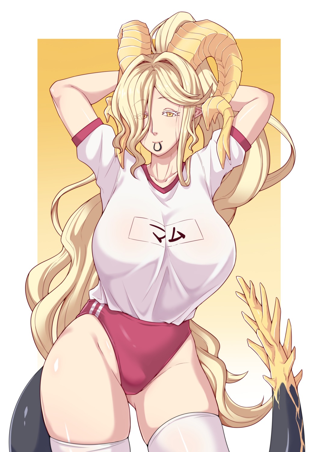 buruma, gym_uniform, horns, kulve_taroth, monster_hunter, monster_hunter_world, pointy_ears, tail