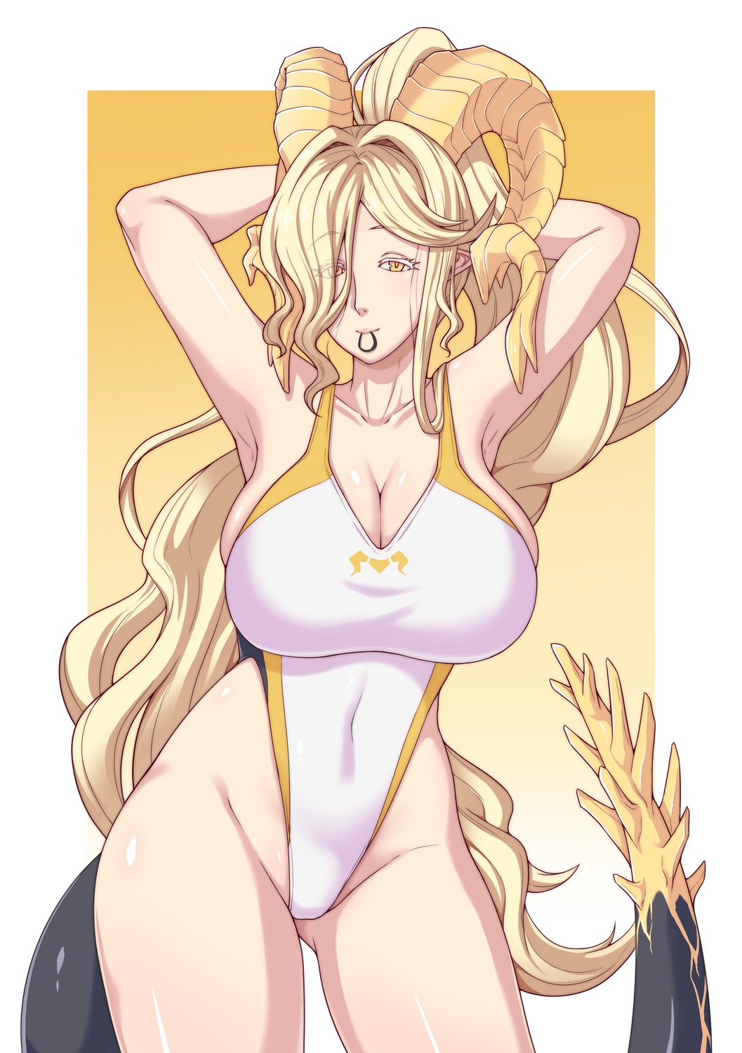 cleavage, horns, kulve_taroth, monster_hunter, monster_hunter_world, pointy_ears, swimsuits, tail