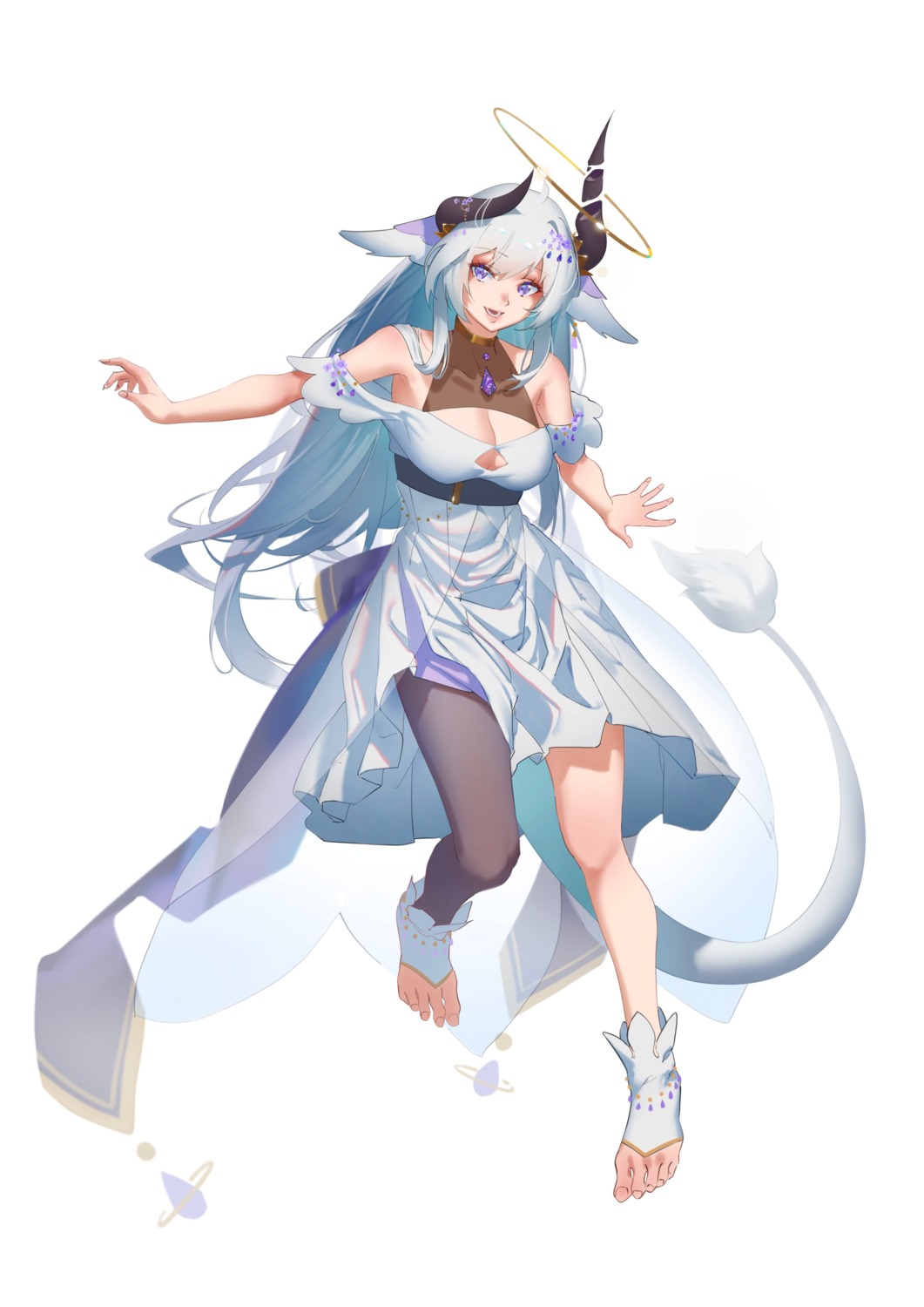 animal_ears, bennopi, dress, horns, no_bra, see_through, tail