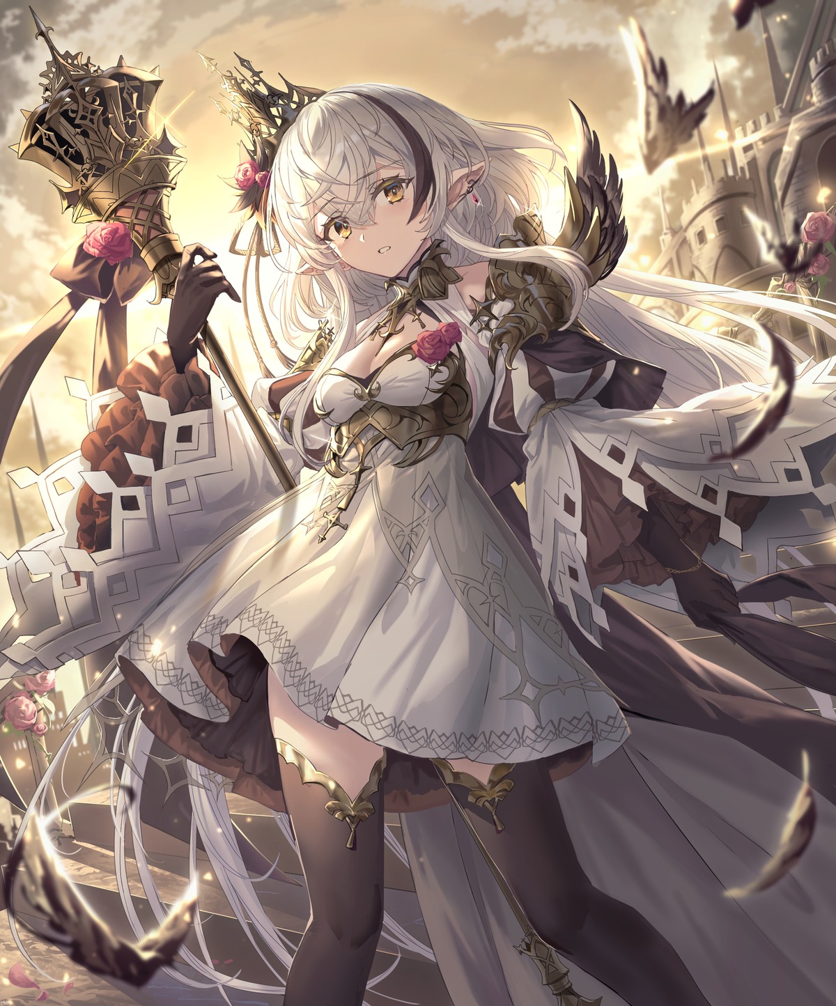 cleavage, dress, pointy_ears, shichigatsu, thighhighs