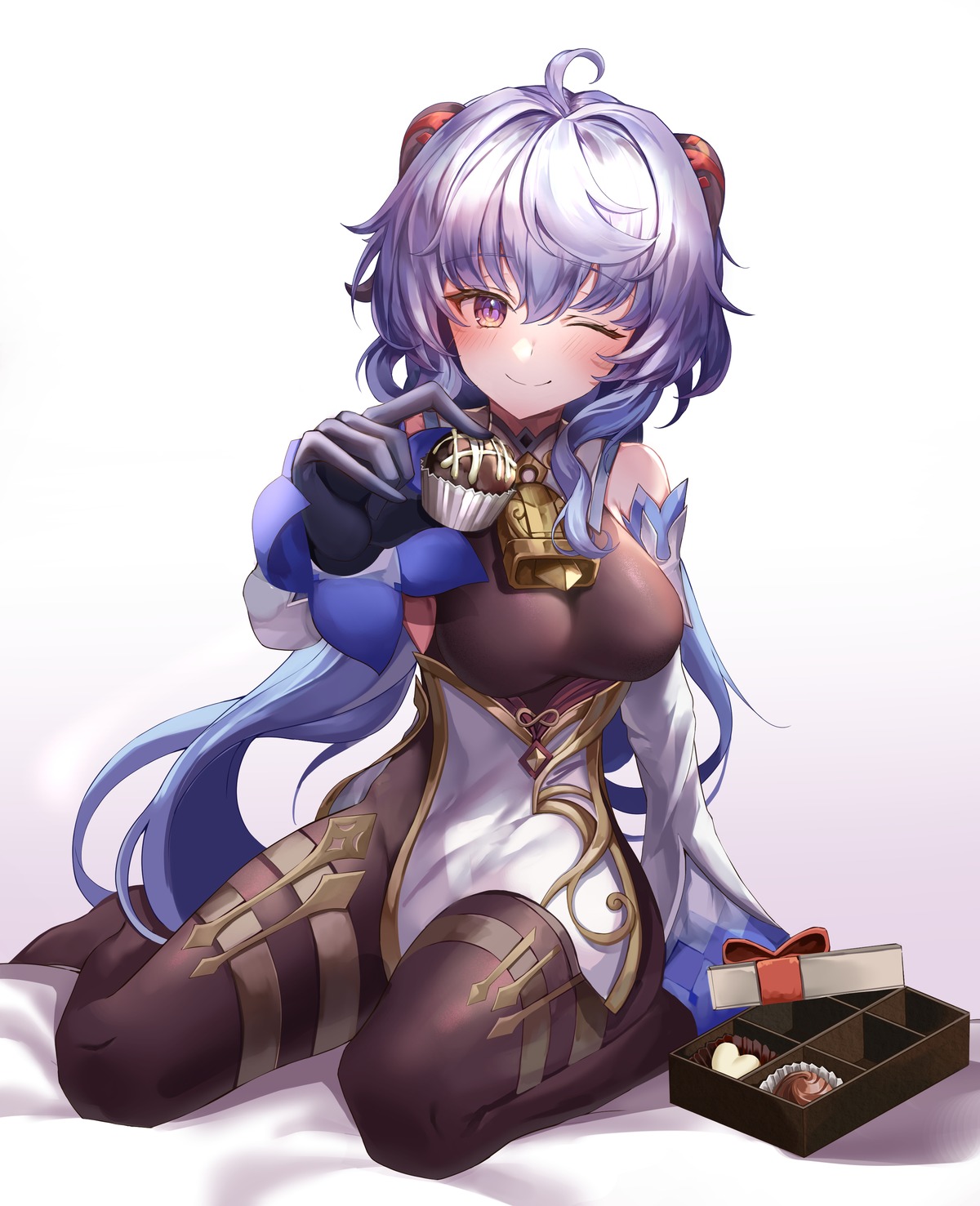 asian_clothes, ganyu, genshin_impact, horns, pengrani, valentine