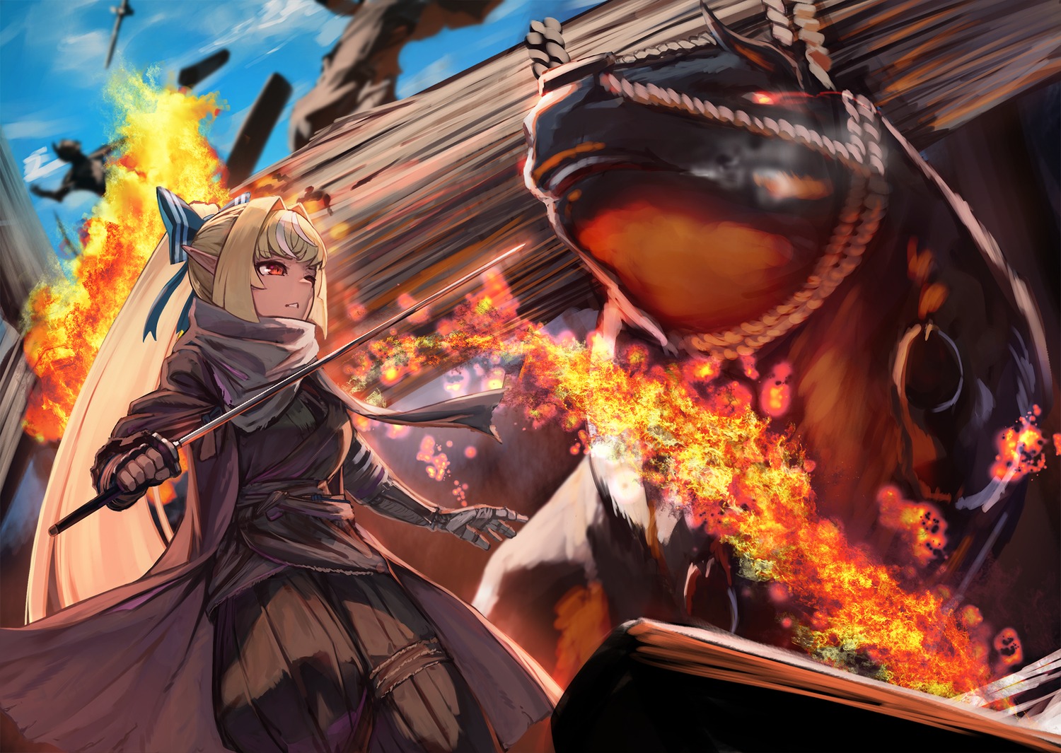 blazing_bull, cosplay, elf, hololive, japanese_clothes, pointy_ears, pyytato, sekiro, sekiro:_shadows_die_twice, shiranui_flare, sword