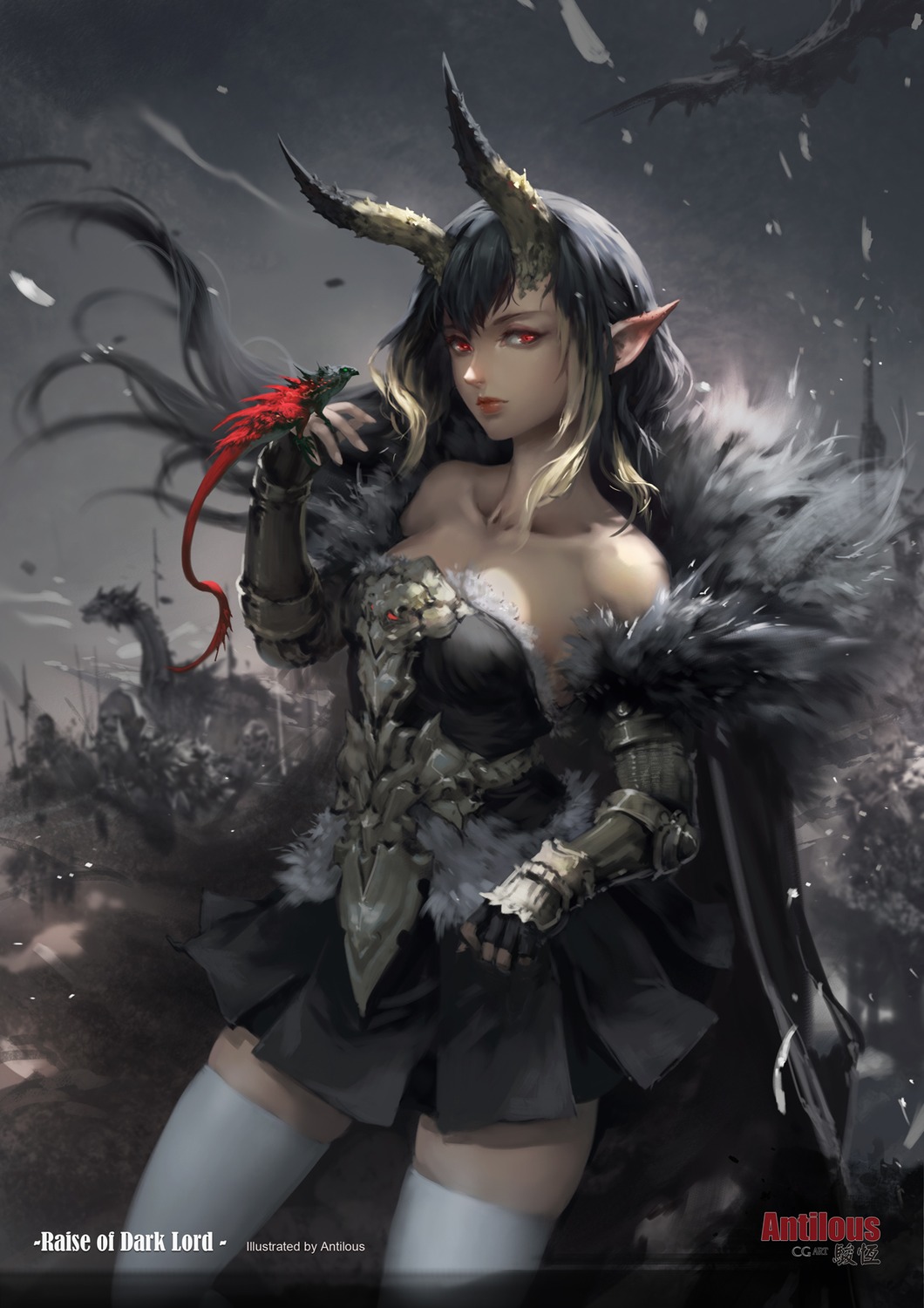 antilous, armor, horns, monster, no_bra, pointy_ears, thighhighs