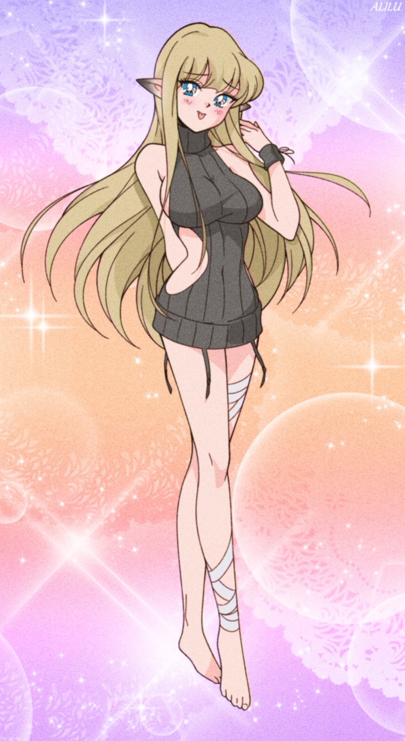 alilu_kohai, bandages, elf, no_bra, pointy_ears, sweater