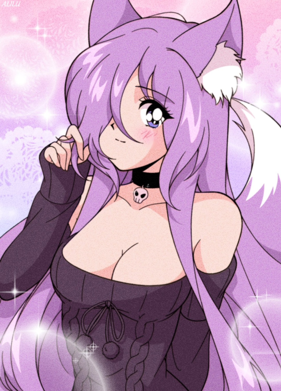 alilu_kohai, animal_ears, kitsune, no_bra, sweater, tail