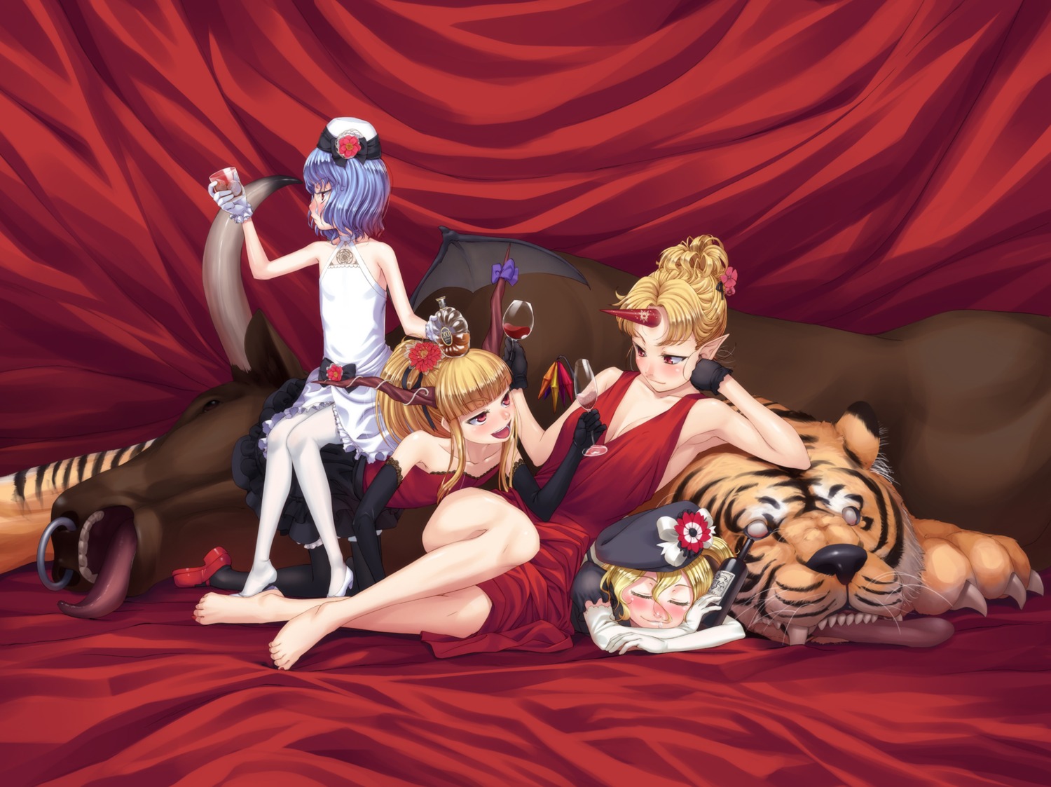 dress, flandre_scarlet, gahaku, hoshiguma_yuugi, ibuki_suika, pointy_ears, remilia_scarlet, touhou
